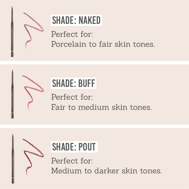 Delilah Long Wear Retractable Lip Liner in Naked, Buff & Pout shade information