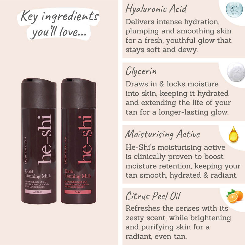 He-Shi Gold and Dark Tanning Milk - Key Ingredients: hyaluronic acid, glycerin, moisturising active, citrus peel oil
