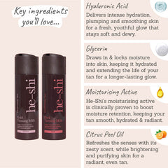 He-Shi Gold and Dark Tanning Milk - Key Ingredients: hyaluronic acid, glycerin, moisturising active, citrus peel oil