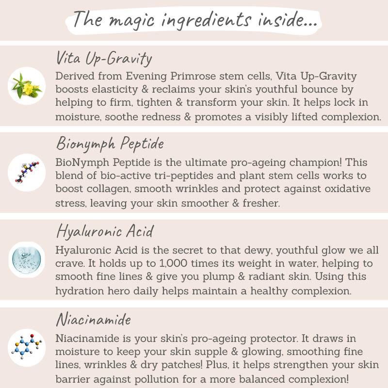 Love Katie Cosmic Glow Radiance Booster - Key Ingredients: vita up-gravity, bionymph peptide, hyaluronic acid, niacinamide