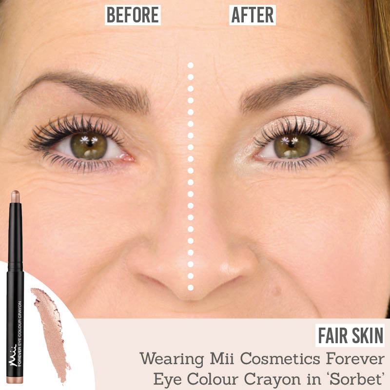 Mii Cosmetics Forever Eye Crayon in Sorbet before and after results on fair skin