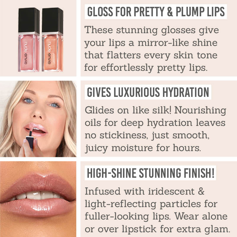 Nude Envie Lip Gloss in Affection & Whisper - Key Benefits: gloss for pretty & plump lips, gives luxurious hydration, high-shine stunning finish 