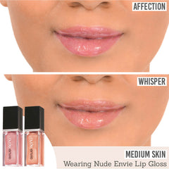 Nude Envie Lip Gloss in Affection & Whisper on medium skin