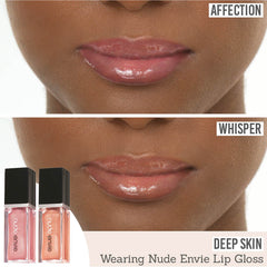 Nude Envie Lip Gloss in Affection & Whisper on deep skin
