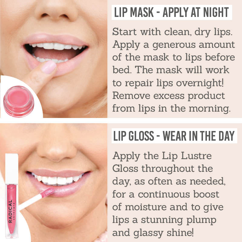 How to use your Radical Skincare Lip Recovery Mask and Rose Lip Luster Gloss Duo