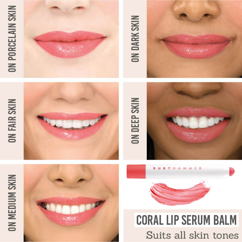 Ruby Hammer Coral Lip Serum Balm on different skin tones