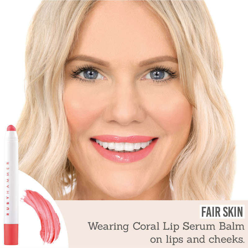 Ruby Hammer Coral Lip Serum Balm on fair skin