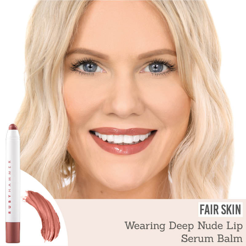 Ruby Hammer Deep Nude Lip Serum Balm on fair skin