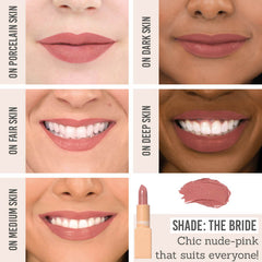 Runway Room Cosmetics Lipstick in The Bride on different skin tones