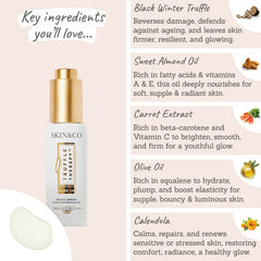 Skin & Co Truffle Therapy Super Dewying Face Oil Key ingredients - black winter truffle, sweet almond oil, carrot extract, olive oil, calendula