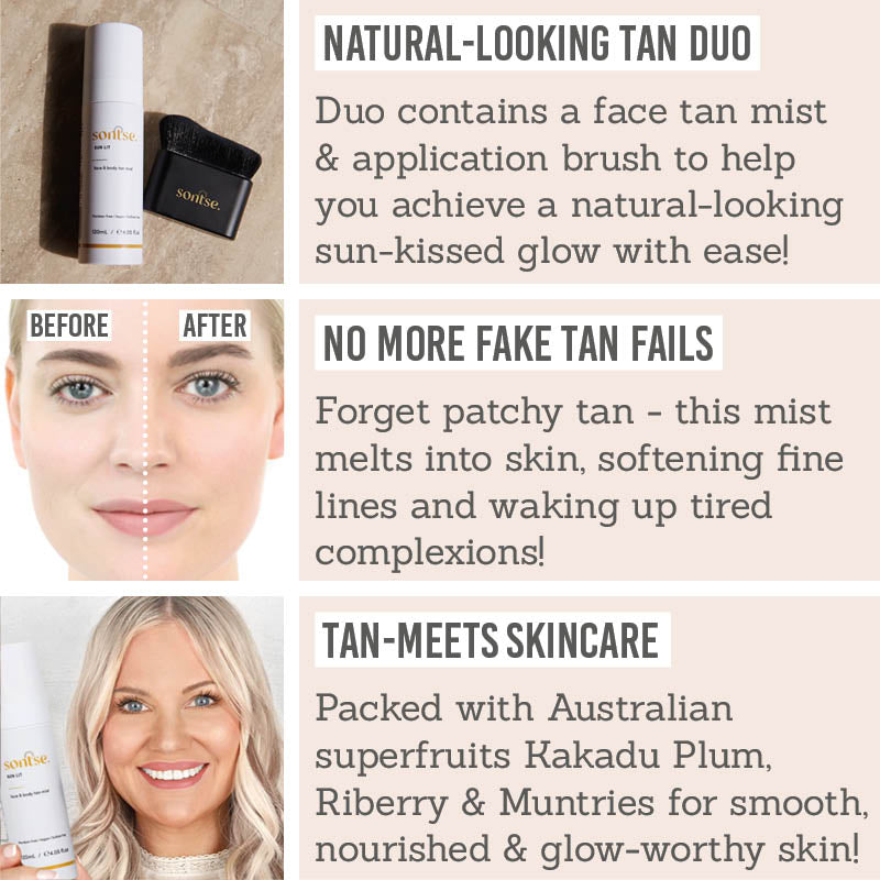 Sontse Sun Lit Face & Body Tan Mist & Blending Brush Duo - Key Benefits: natural looking tan duo, no more fake tan fails, tan meets skincare 