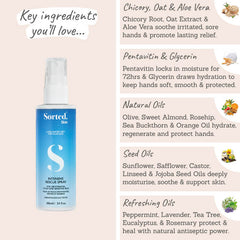 Sorted Skin Intensive Rescue Spray key ingredients - chicory, oat, aloe vera, pentavitin, glycerin, natural oils, seed oils, refreshing oils