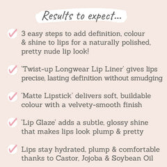 Results to expect – 3 easy steps to a nude lip, liner for definition, lipstick for colour, glaze for shine, natural oils for plump lips