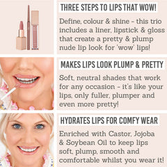 SOSU Cosmetics Pretty Nude Lip Trio Key Benefits - Three steps to lips that wow, makes lips look plump & pretty, hydrates lips for comfy wear 