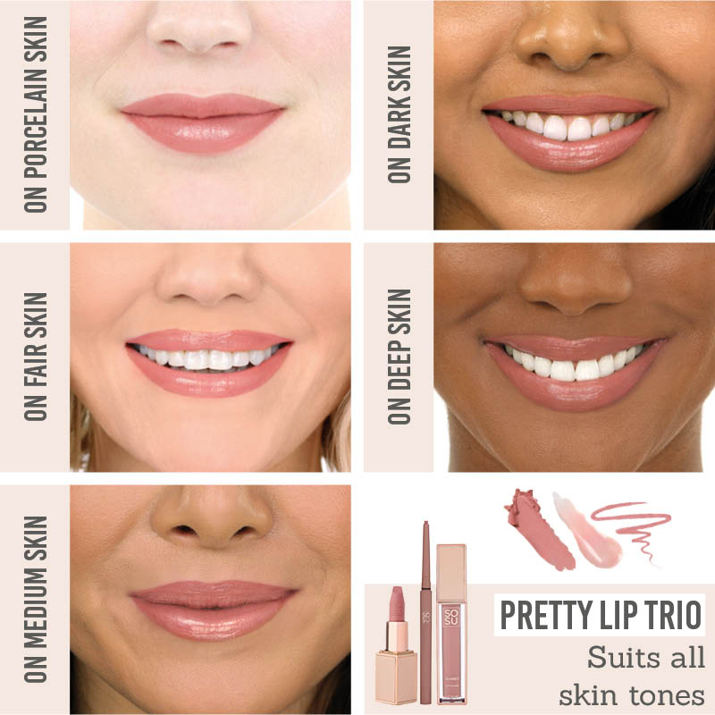 SOSU Cosmetics Pretty Nude Lip Trio on different skin tones