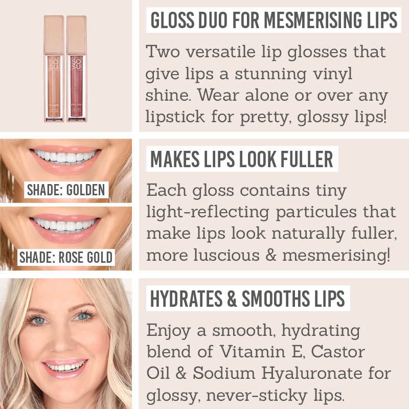 SOSU Shimmer Lip Glaze Duo Key benefits - Gloss duo for mesmerising lips, makes lips look fuller, hydrates & smooths lips 
