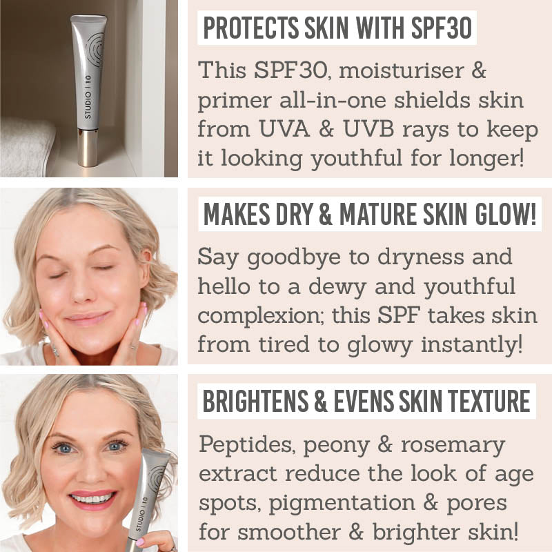 Studio 10 Hydra Peptide Fusion Daily Defence SPF30 Moisturiser key benefits - protects skin with SPF30, makes dry and mature skin glow, brightens and evens skin texture
