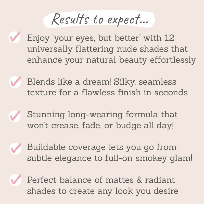 Results to expect: flattering nude shades, silky texture, no crease, fade or budge, buildable coverage, perfect balance of matte and radiant shades